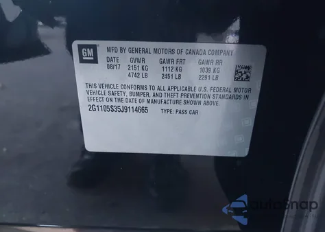 2018 Chevrolet Impala 1Lt from USA, damaged, VIN 2G1105S35J9114665